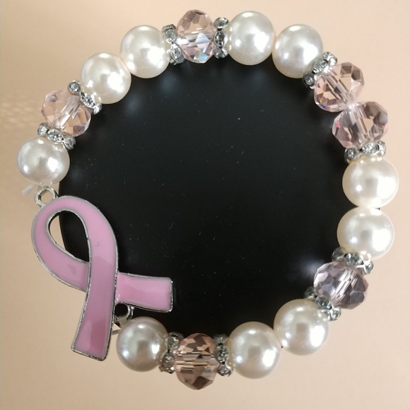 🆕Breast Cancer Bracelet Pearls & Pink Facet Cut Acrylic Beads with Rhinestones - Picture 10 of 12